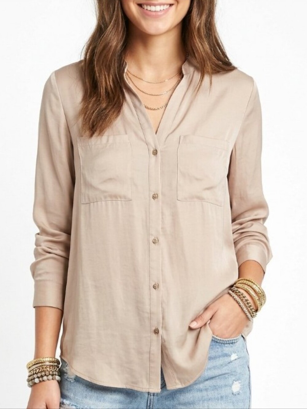Taupe Satin Casual Long-Sleeve Button Front Women's Blouse